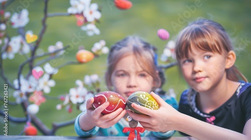 Children playing with Easter Eggs. Primary school age. Having fun in childhood photo