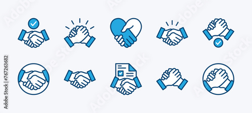 Set of business agreement handshake icon. Containing friendship, partnership, relation, cooperation, contract deal, success, greeting, respect, teamwork, trust, welcome. Vector illustration