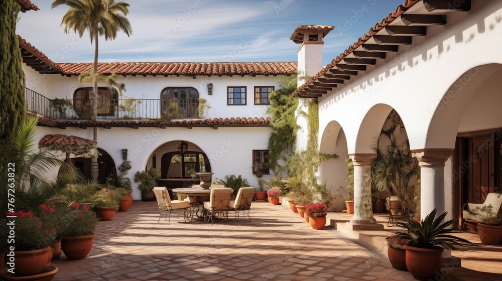 Spanish hacienda with tiled roofs arched walkways and courtyards.