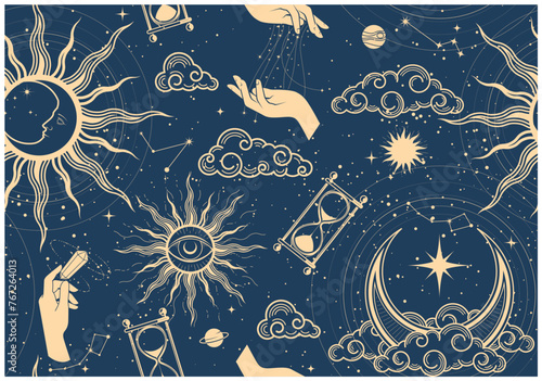 Seamless mystic space pattern with sun, moon and hands of sorceress, astrology cosmos background in tarot style, magic sky, vector © gomixer