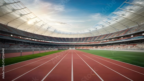 Dynamic arena running track winds through vast sports stadium