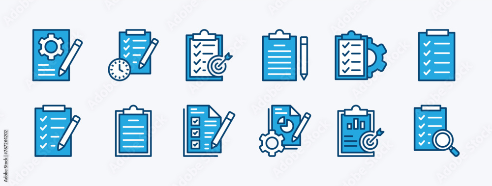 Set of clipboard icon vector. Containing checklist, document, task, schedule, note, plan, target, report, project, business contract, journal, paperwork, agenda, survey, form with checkmark