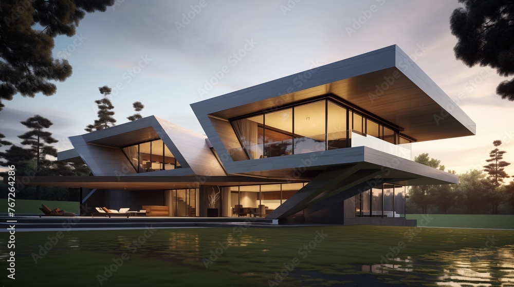 Striking geometric modern home exterior with folded concrete planes and cantilevered roof overhang details.