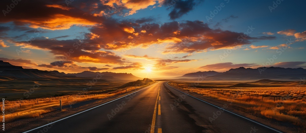 highway landscape against sunset