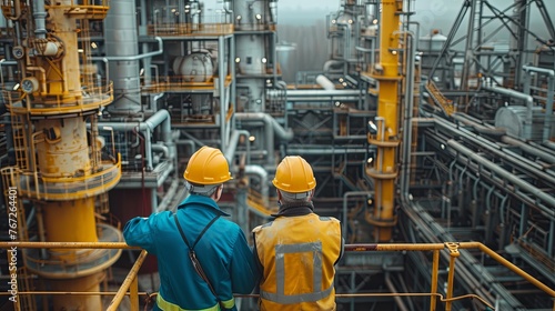 Two engineers in hard hats and safety vests engage in a serious discussion on a platform, overlooking the vast complexity of a chemical plant