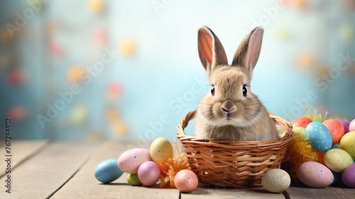 Festive background with Easter bunny, Easter eggs and basket. Celebrating the holiday of Easter © Andrey_Lobachev