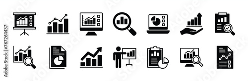 Data analytics icon set. Statistical science data information. Containing financial profit graph, database, statistics, chart, presentation, performance. Review results documents. Vector illustration