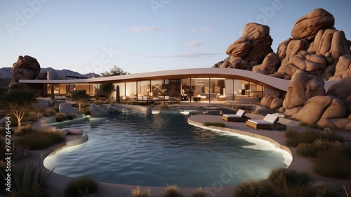 Stunning curved modern desert retreat seamlessly blending indoor/outdoor living with pools and courtyards.