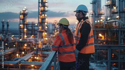 Two engineers in hard hats and safety vests engage in a serious discussion on a platform, overlooking the vast complexity of a chemical plant