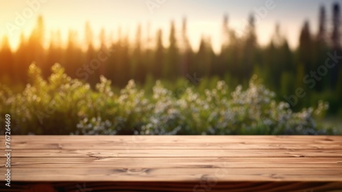 The empty wooden brown table top with blur background of Finland nature. Exuberant image. generative AI