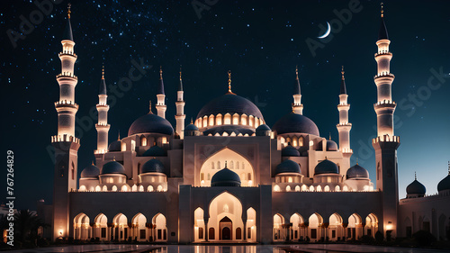 A majestic mosque illuminated against the night sky, with intricate geometric patterns adorning its walls and minarets reaching towards the heavens