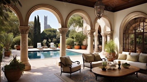 Sumptuous Mediterranean Revival arched loggia with terra cotta floors stucco walls and view over lavish tiled pool courtyard. photo