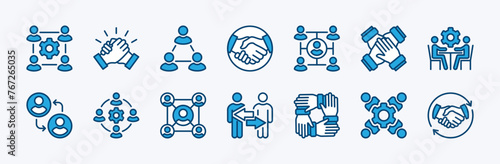Set of management business collaboration icon. Containing teamwork, community, connection, cooperation, discussion, handshake, friendship, partnership, network. Vector illustration