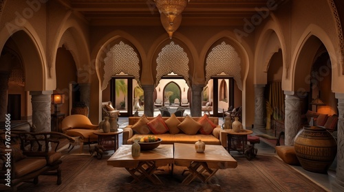Sumptuous Moroccan lounge with vaulted carved wood ceiling rich tilework arched doorways and plush seating.