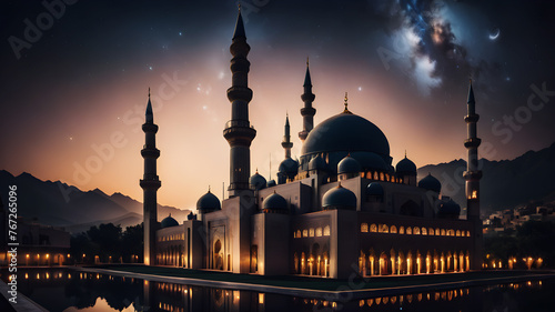 A majestic mosque illuminated against the night sky, with intricate geometric patterns adorning its walls and minarets reaching towards the heavens