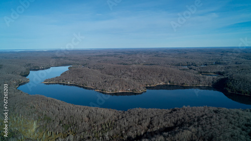 Esson Lake from an aerial view on a sunny fall day