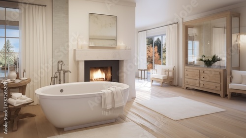 Sumptuous spa-like bathroom with freestanding tub fireplace and couples  vanities.