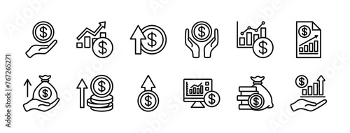 Money income thin line icon set. Containing profit, financial analysis data, finance graph, growth, investment, chart, fund, payment, revenue, statistic, earnings, management. Vector illustration