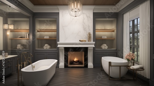 Sumptuous spa-like bathroom with freestanding tub fireplace and couples' vanities.