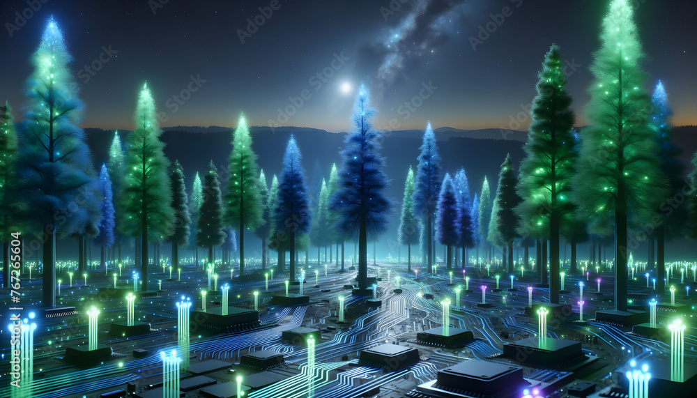  Trees Are Made Entirely Of Glowing Microchips And Circuits, Standing Tall Against A Night Sky
