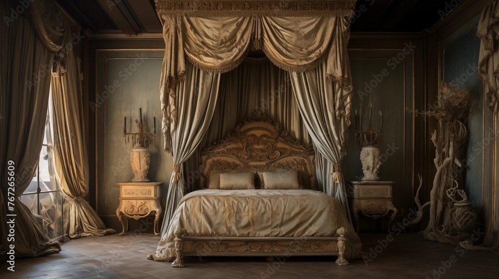 Fototapeta premium Sumptuous Venetian master bedroom with silvered wood accent walls gilded canopied bed Fortuny silk draperies and dressing room.