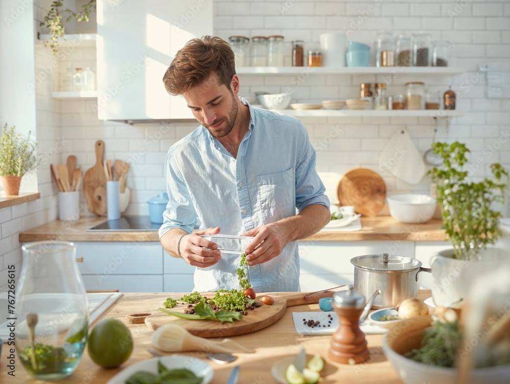 Casual young man preparing organic salad in a sunlit modern kitchen. Healthy lifestyle and cooking at home concept with space for mockup Casual young man preparing organic salad in a sunlit modern kitchen. Healthy lifestyle and cooking at home concept with space for mockup