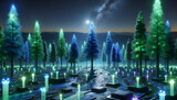  Trees Are Made Entirely Of Glowing Microchips And Circuits, Standing Tall Against A Night Sky