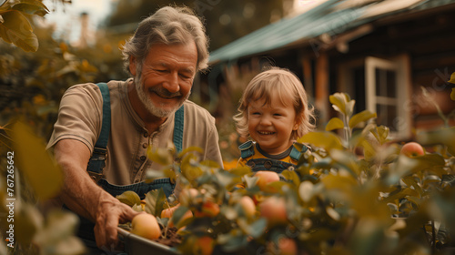 Grandfather and grandson picking apples in the garden