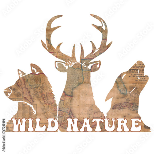 Bear, Deer, Wolf - wild nature - Word  - brown antique map- Animals Forest - vector graphics - for websites, presentations, banners, cards, prints, cricut, silhouette, sublimation	