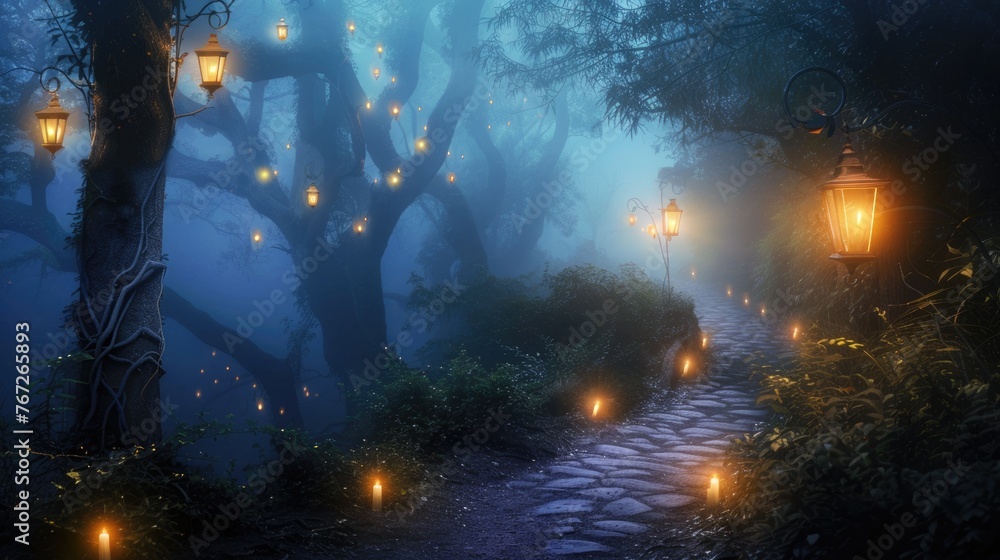 Mystical Blue Forest Trail with Floating Lights