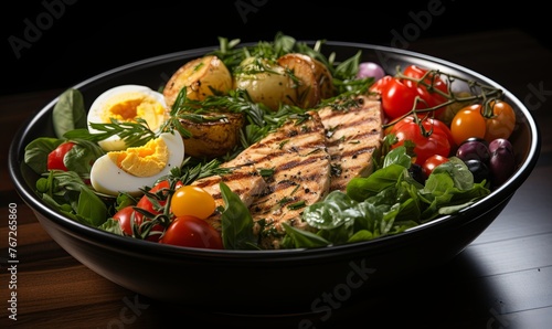 Plate of Meat, Vegetables, and Eggs on Table © uhdenis