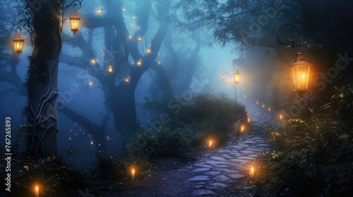 Mystical Blue Forest Trail with Floating Lights