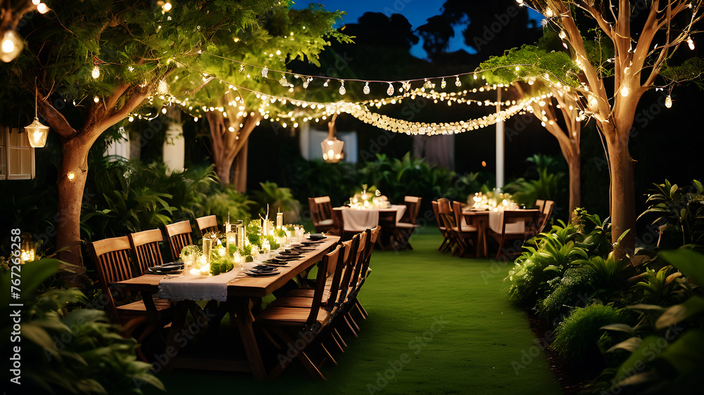 A tranquil garden adorned with twinkling fairy lights and lush greenery to celebrate under the starry night sky