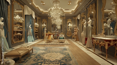 Transport yourself to a realm of opulence and grandeur within the confines of a 3D-rendered fashion boutique.