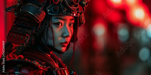Cybernetic woman with a gaze reflecting a blend of humanity and technology, amid a sea of red and black