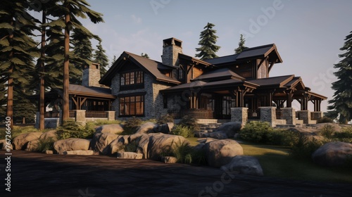 Pacific Northwest craftsman with natural woods river rock accents and earthy color palette. © Aeman