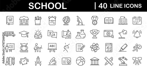 School set of web icons in linear style. Education and knowledge icons for web and mobile app. Back to school. Learning, classroom, students, online education. Vector illustration