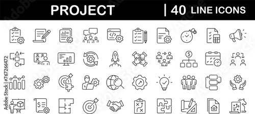 Management set of web icons in linear style. Project management icons for web and mobile app. Business, organisation management, planning, project, startup, marketing, teamwork. Vector illustration