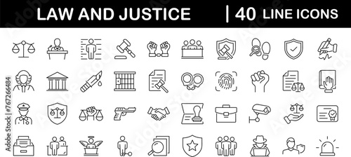 Law and justice set of web icons in linear style. Justice and law icons for web and mobile app. Legal documents. Law, judgement, prison, justice, court legal, lawyer, criminal. Vector illustration