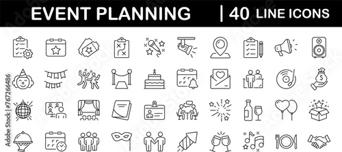 Event planning set of web icons in linear style. Event organisation icons for web and mobile app. Management, wedding, entertainment, catering, invitations, catering, coordination. Vector illustration