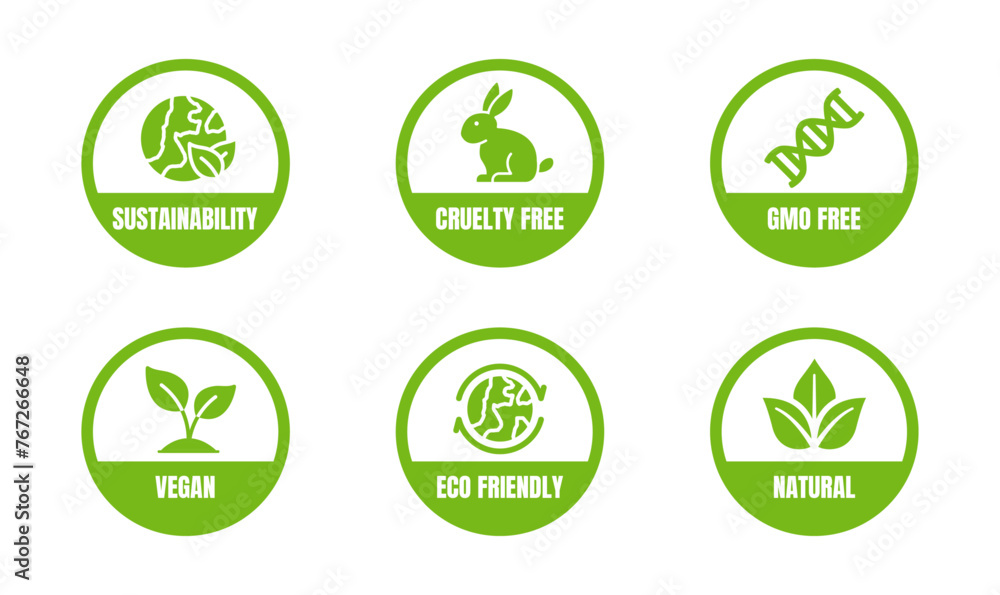 Simple icon set of Natural, Eco-Friendly & Sustainable Icons: Vegan, Cruelty-Free, GMO-Free for web and mobile application. 