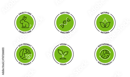 Set of Vector icons for Natural, Eco-Friendly & Sustainable Icons: Vegan, Cruelty-Free, GMO-Free. 