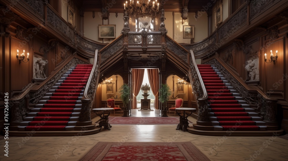 Palatial entry hall and grand staircase in a historic mansion. Palatial entry hall and grand staircase in a historic mansion.