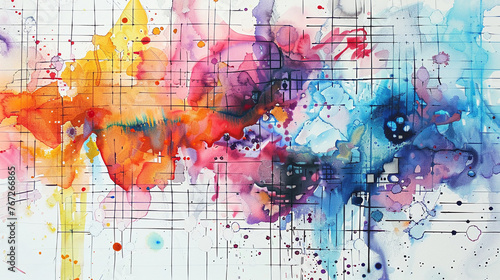 Ethereal grid canvas dancing with vibrant watercolor splashes melds science and art in a mesmerizing abstract