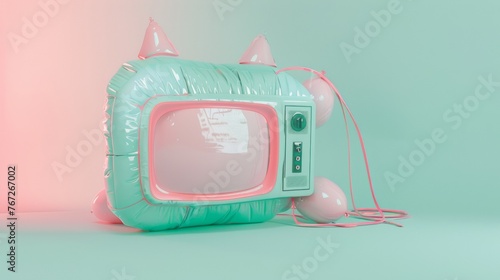 Surreal inflatable 3D television in pastel colors, evoking Y2K nostalgia with a modern twist photo