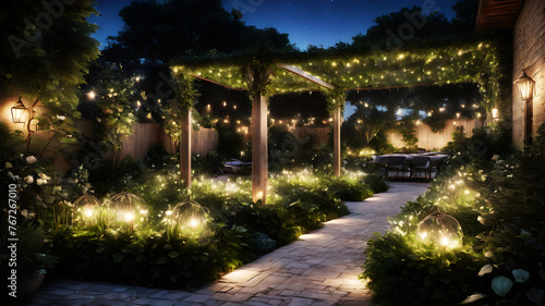 A tranquil garden adorned with twinkling fairy lights and lush greenery to celebrate under the starry night sky © Farhan