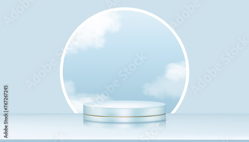 Blue background,Studio room background with 3d podium base  display stand,white fluffy clouds in blue Sky,Vector Backdrop minimal platform stage circle mockup for beauty,cosmetic product presentation