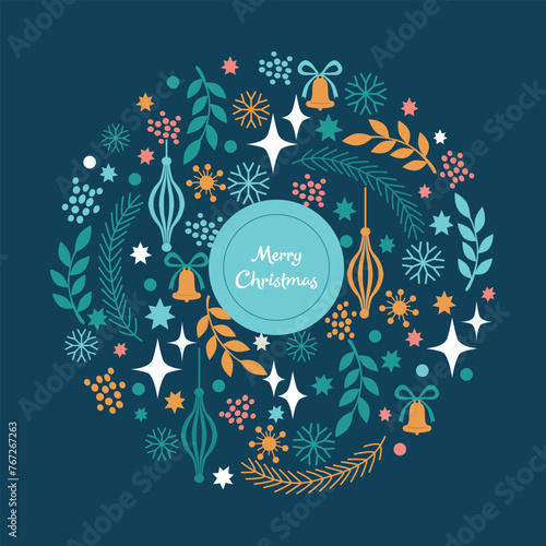 Christmas card with wreath. 