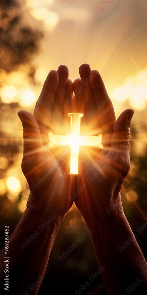 Spiritual Devotion: Human Hands Open in Prayer with a Cross Against a Sunset Sky - A Symbol of Faith and Hope in Christian Worship