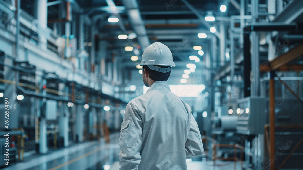 Ambitious professional in white navigates through a contemporary industrial setting guiding innovative automation